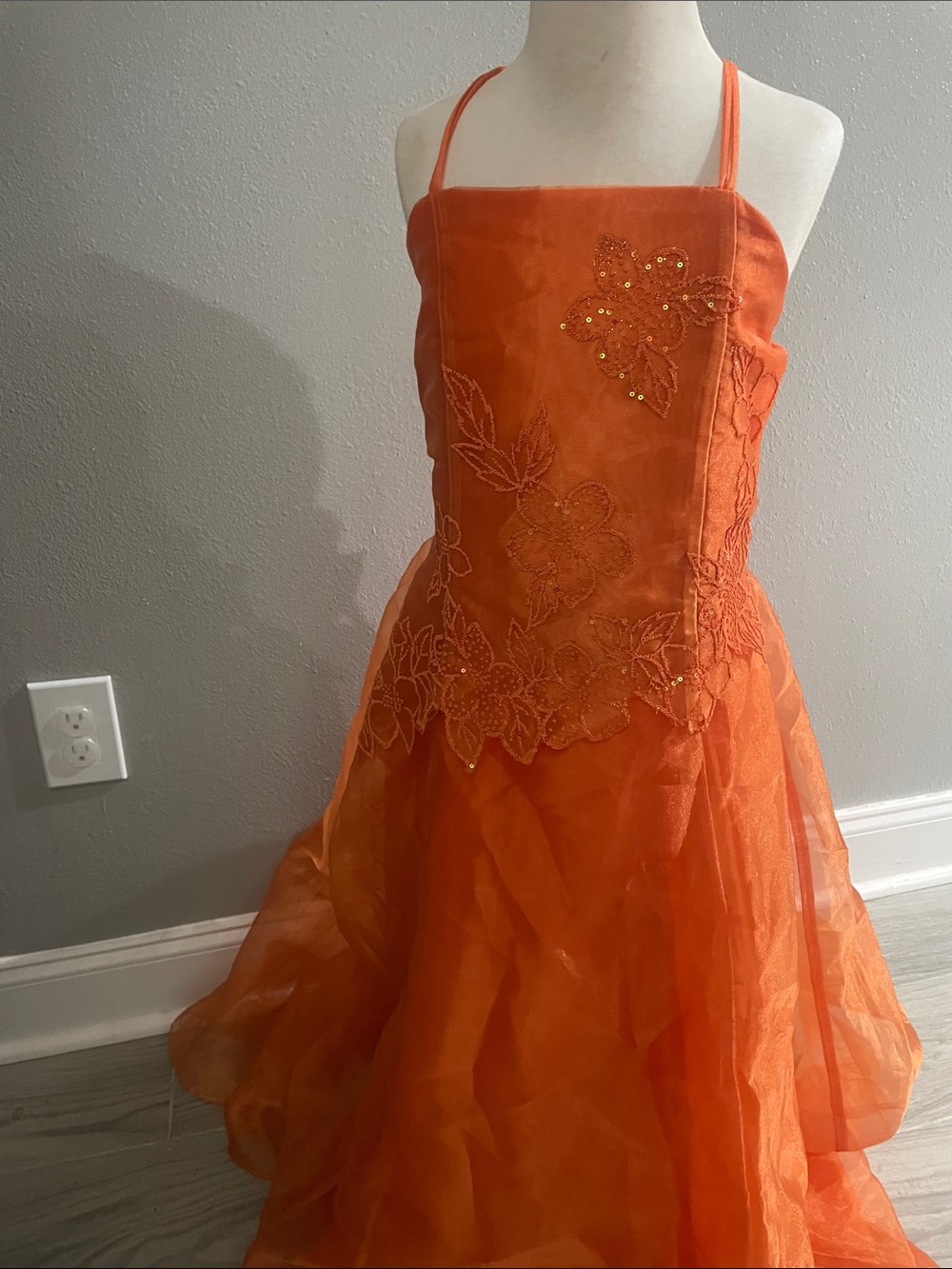 Girls Orange Floral Appliqué Formal Dress with Sequin Detail